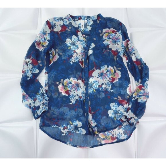 Kut from the Kloth Womens Sz S Blue Tropical Print Sheer Button Up Shirt Blouse - Picture 1 of 7